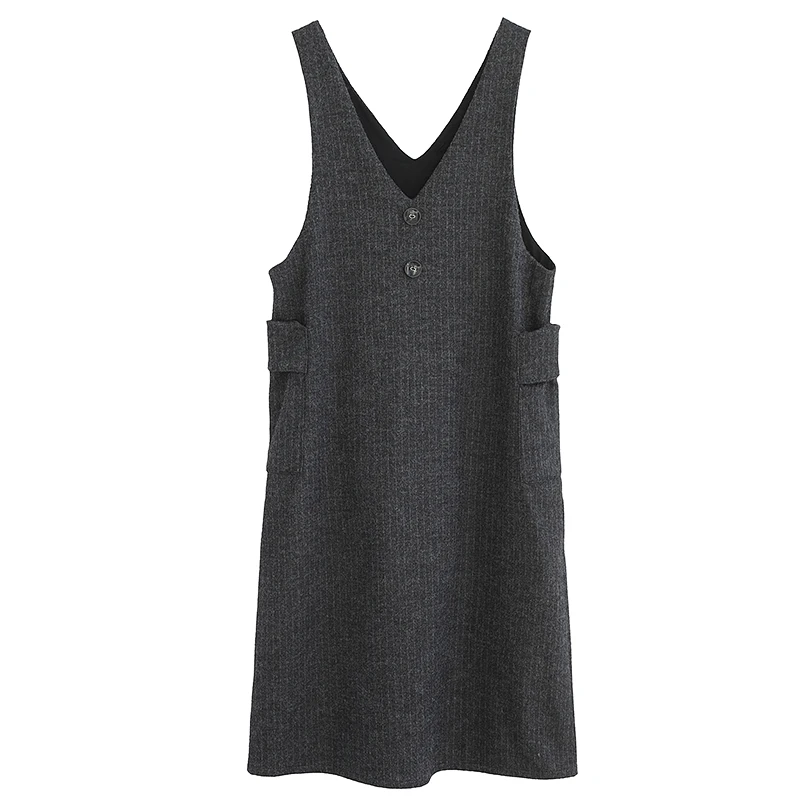 

2020 Autumn and Winter Clothing Artistic Vintage Fleece-Lined Thickened Vest Dress Loose Mid-Length V-neck Slimming Woolen Dress