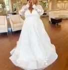 Длинное пальто с v-образным вырезом ТРАПЕЦИЕВИДНОЕ ПЛАТЬЕ размера плюс кружевные свадебные платья с рукавами на заказ платья с фатиновой юбкой цвета слоновой кости для пола Длина корсет и вышитой жемчугом деталью на спине, платья для женщин