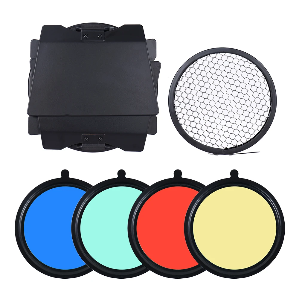 

96mm Universal Mount Metal Bardoor Barn Door Barndoor with Honeycomb Grid 4pcs Color Gel Filters for Neewer Godox Strobe Flash