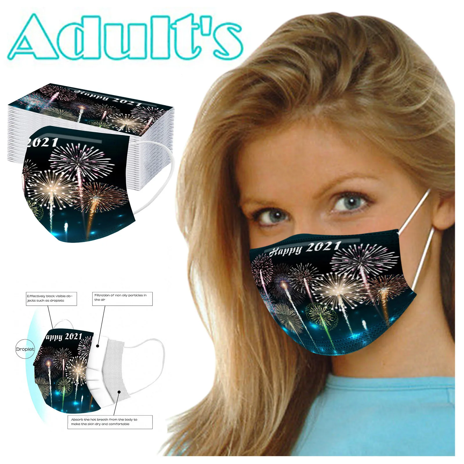 

50PCS Unisex Mascarillas Fabric Face Mask 2021 Happy New Years Printing Disposable Three Layer Breathable Mouth Masks Masque#3