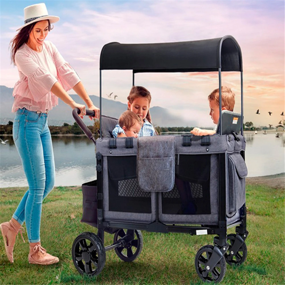 

Folding Push Wagon Cart Collapsible Utility Camping Grocery Trolley Sturdy Portable Baby Stroller with Canopy