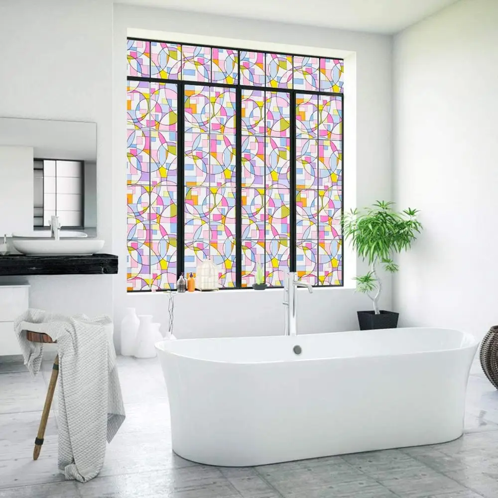 

BUNPIG Privacy Window Film Non-Adhesive Stained Glass Decorative Sticker Geometric Circle Vinyl Window Cling for Home Bathroom