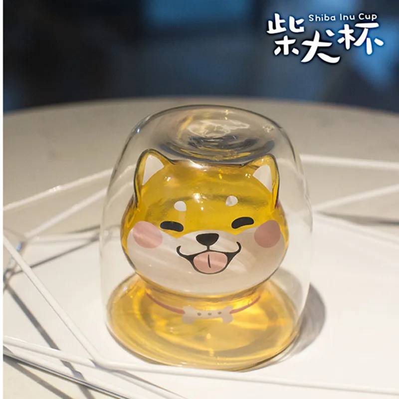 Милые Косплей Shiba «Лисья Секретная служба»(Inu чашки Стекло двойной-Слои термостойкого Кофе Чай сок LuckyCup тапочки с изображением милой собаки прозрачный Цветной детский молочный напитки