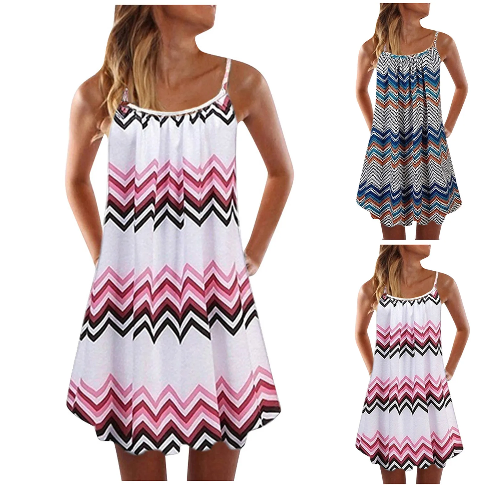 

Casual Sling Summer Dress Fashion Women O-Neck Sleeveless Wavy Stripes Printed Boho Style Mini Beach Dress vestido de mujer robe