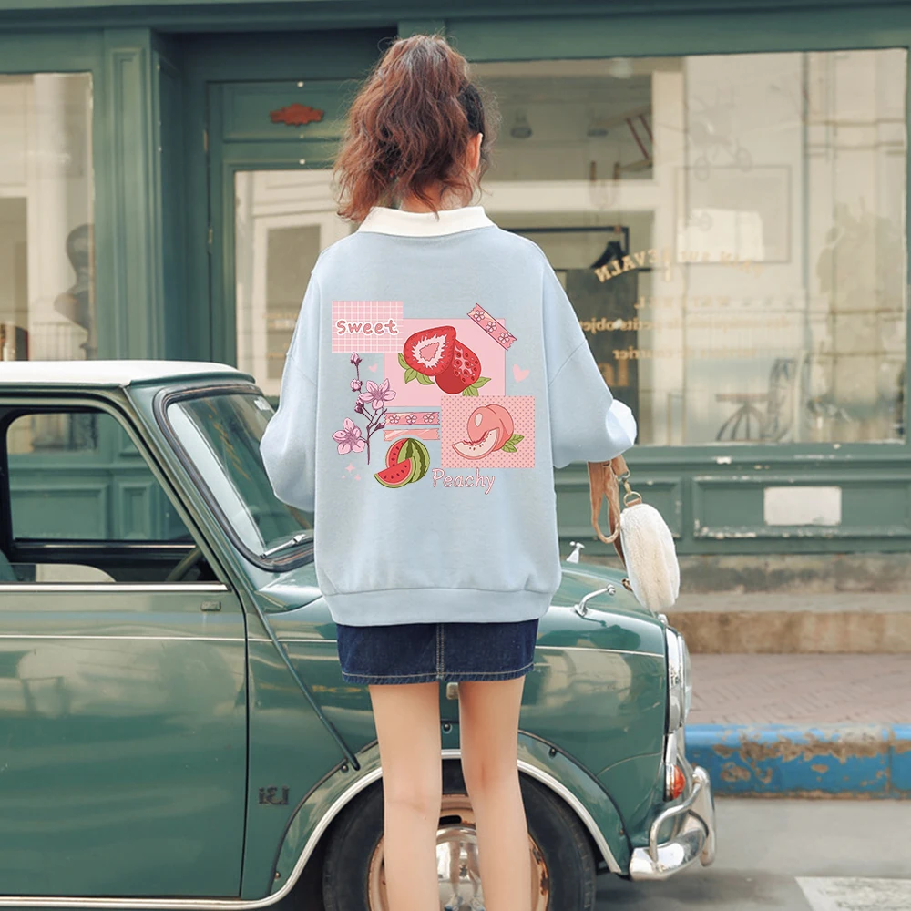 Spring Autumn Sweatshirt Woman Cartoon Harajuku Polo Collar Trendy Hoodies for Women Kawaii Japanese Style Strawberry Sweetshirt