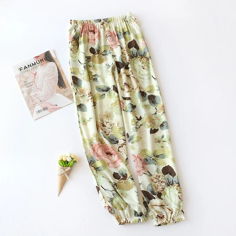 

Summer Viscose Rayon Printing Women Pajama Bottoms Elastic Waist Ankle-Length Pants Sleep Wear Women Lounge Wear Closing Pants