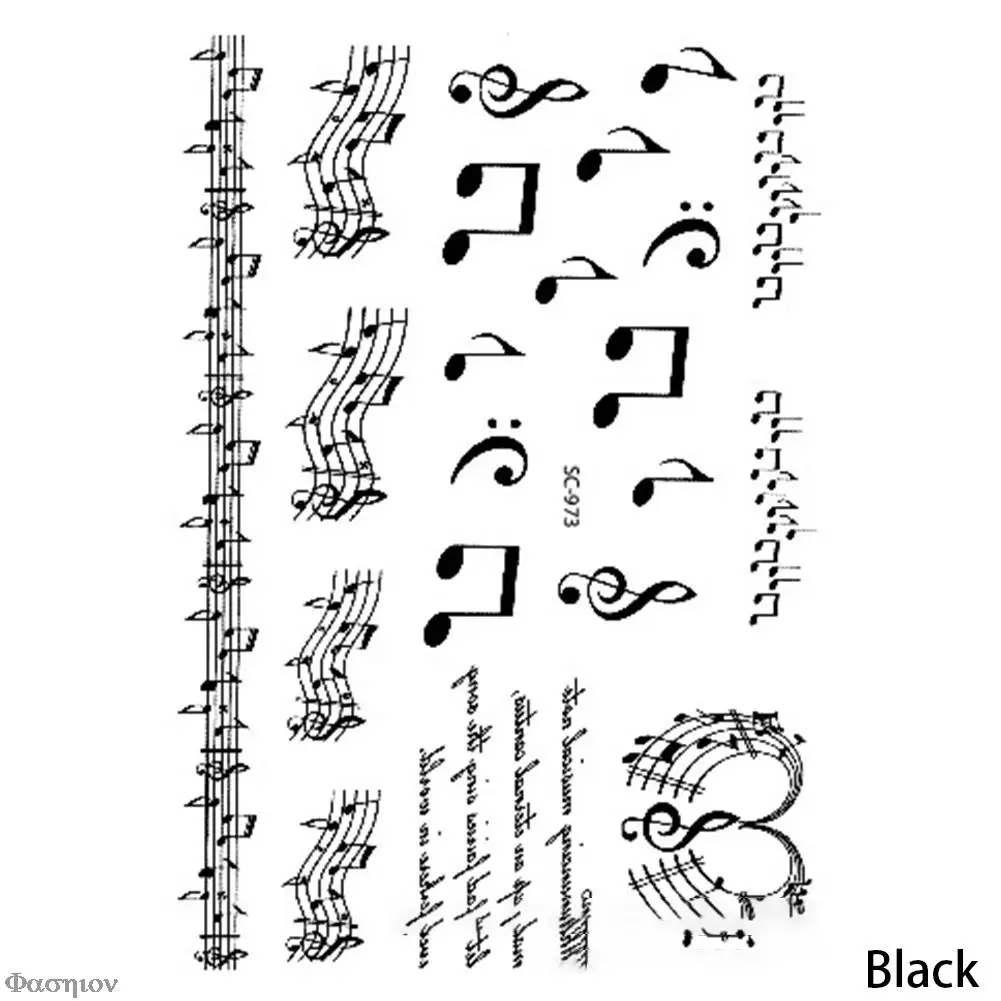 Эскиз черно-белого цвета 1 шт. музыкальные ноты перенос воды боди-арт Временные