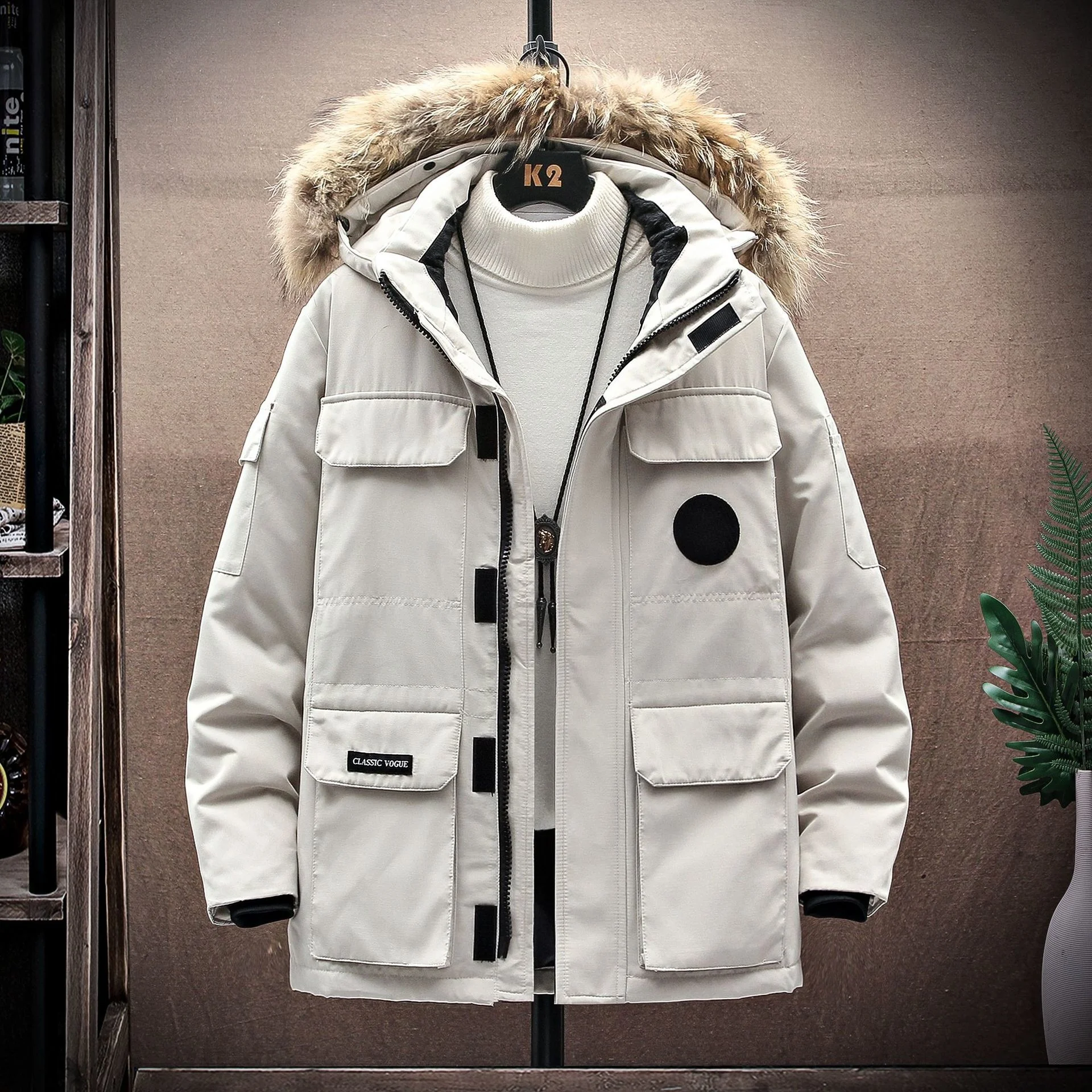 

New Men's White Duck Down Jacket Korean Men Thick Winter Big pocketFur Collar Cargo Warm Parka Down Coats Top Quality Unisex