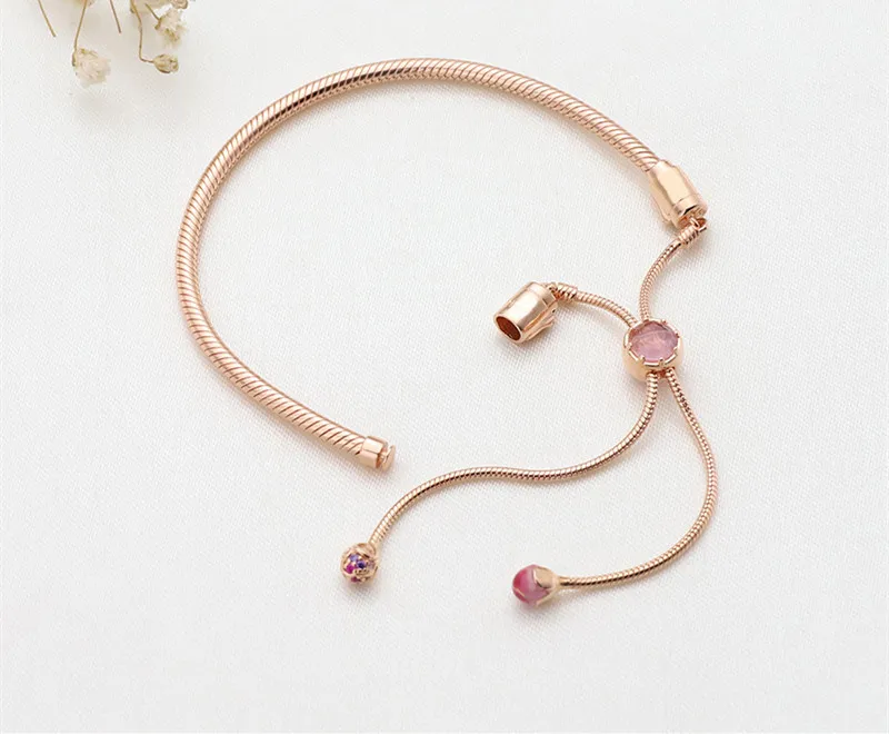 

Original Pan 925 Sterling Silver Rose Gold Peach Blossom Sliding Clasp Adjust Bracelets for Women Charm Beads Jewelry Gift