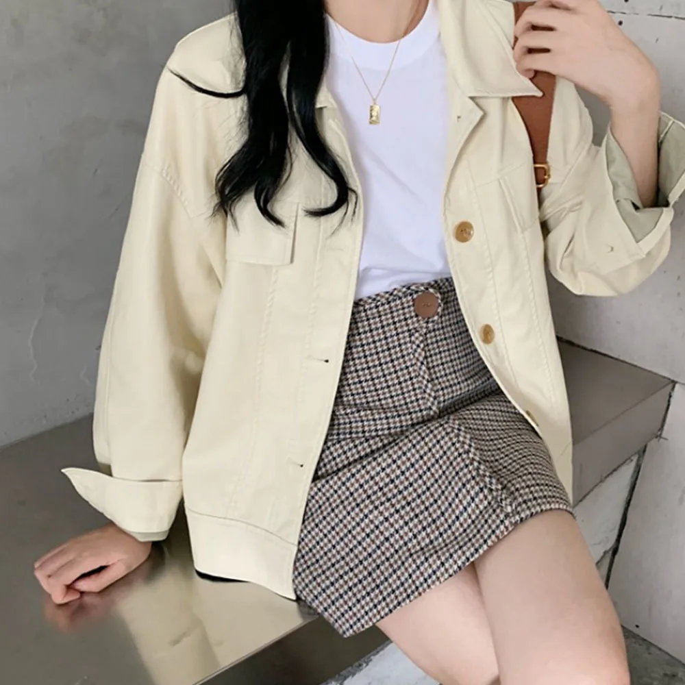 

Black Faux Leather Jacket Women Spring And Autumn 2021 New Casual Loose Korean Short Motorcycle Personality Leather Jacket