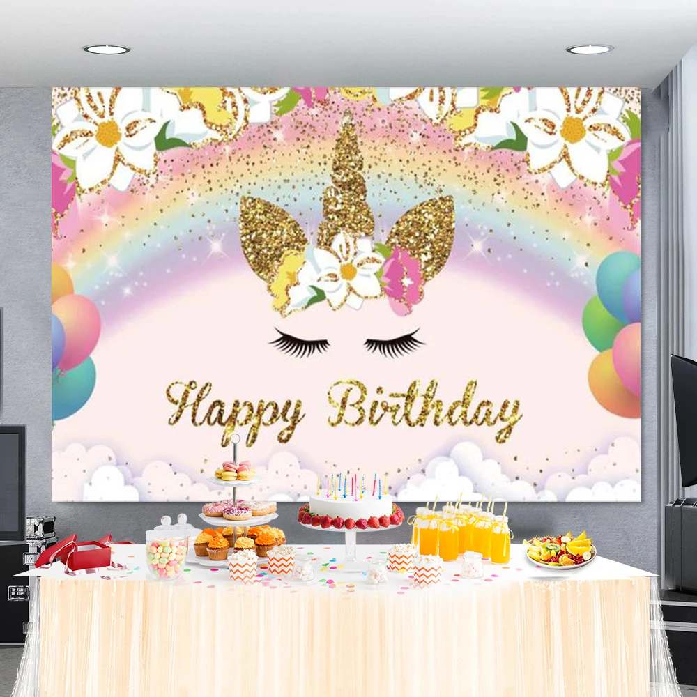 

Тканевый фон с изображением единорога и цветов для девочек, для дня рождения, 120x80 см, декоративный фон