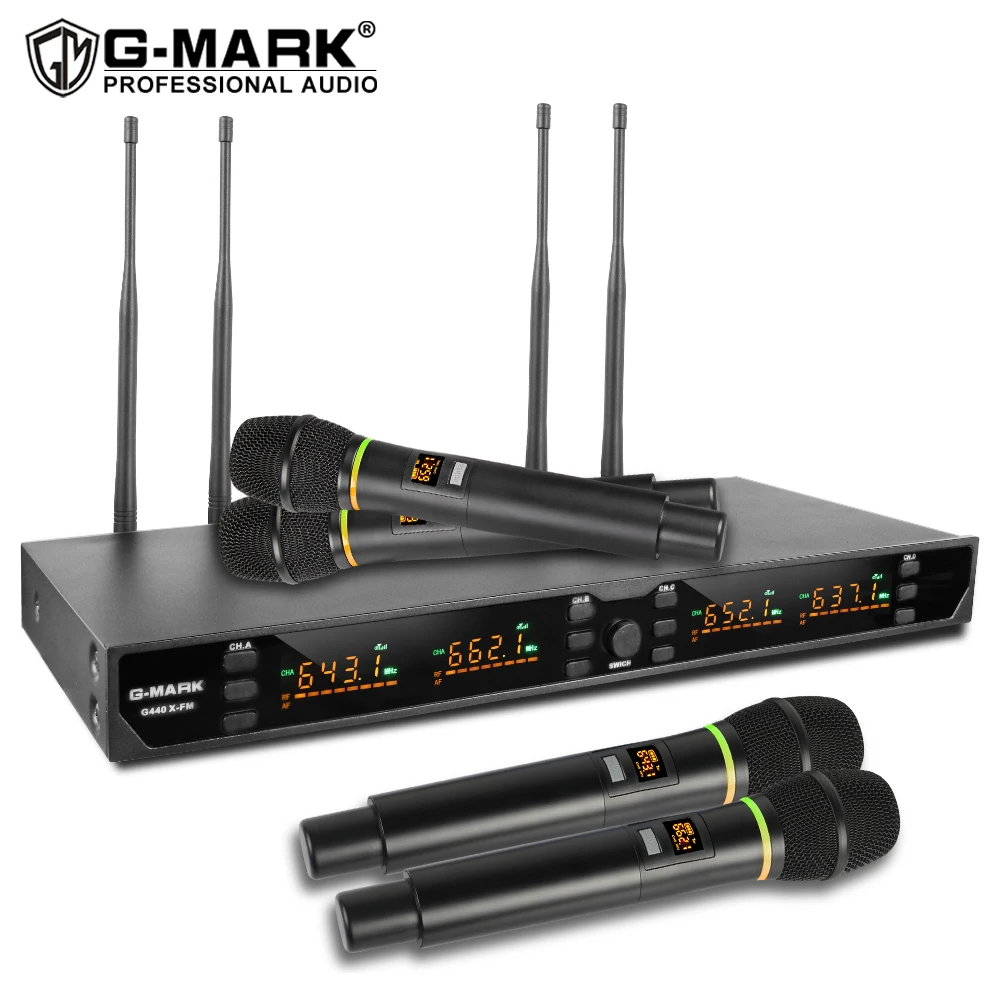 Беспроводной микрофон G-MARK G440XFM, 4 канала, ручной динамический микрофон для караоке, UHF, металлический корпус, для вечевечерние, сцены, церковного шоу - изображение
