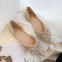 large size flats shoes for women glitter pearl slip on ballets pointed toe shallow mouth wedding party cute shoe ballerina