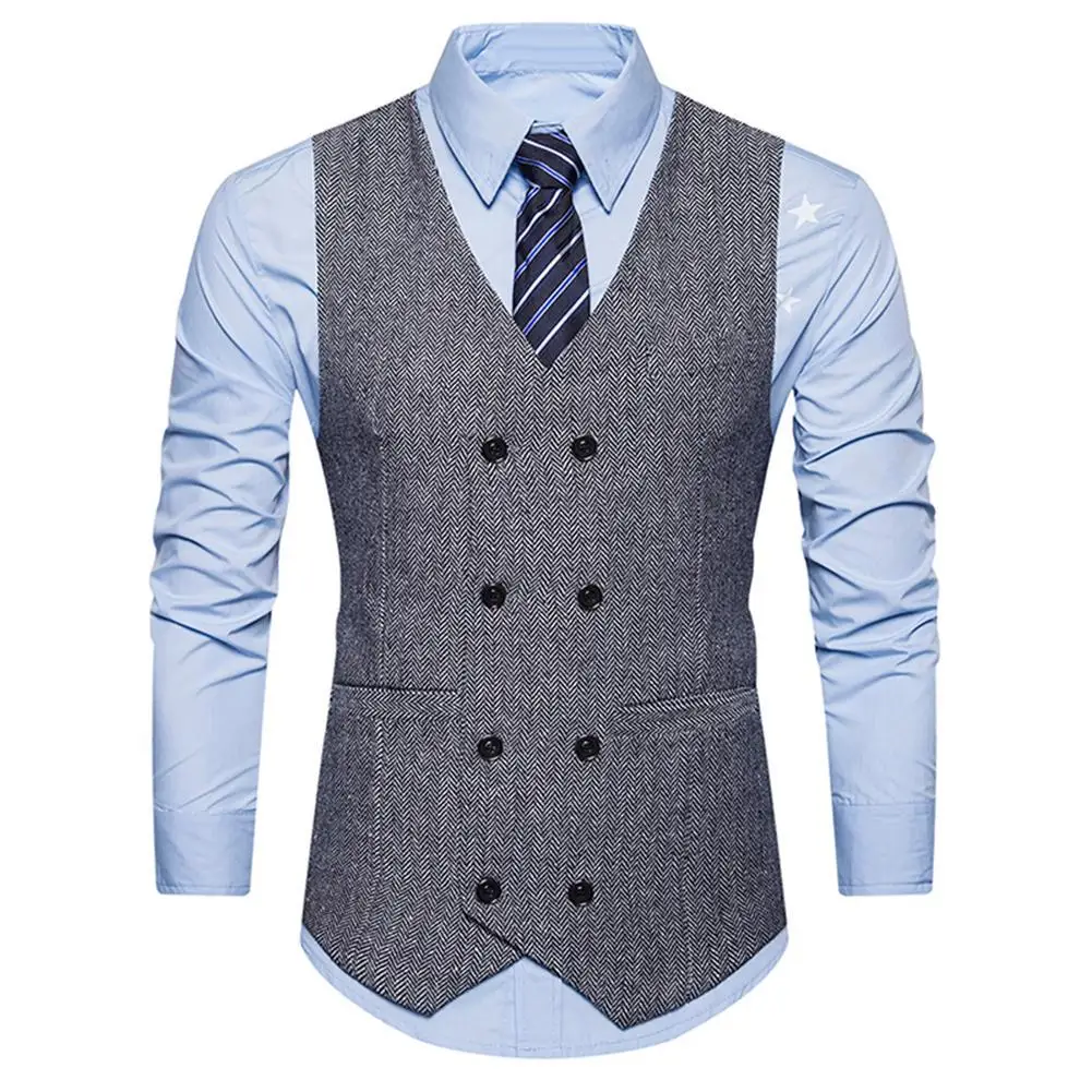 

Men's Sets Vintage Men Sleeveless Double-breast Herringbone Twill Waistcoat Business Vest