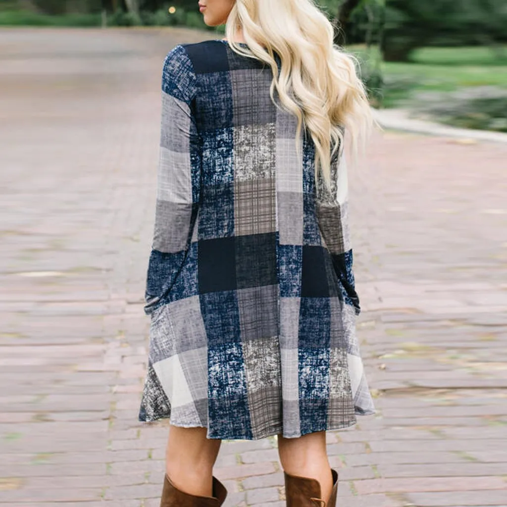 Plaid Print Vintage dress Womne Casual Loose O-Neck Fashion Pocket Long Sleeve Short Mini Dresses Ladies Sundress Vestidos | Женская