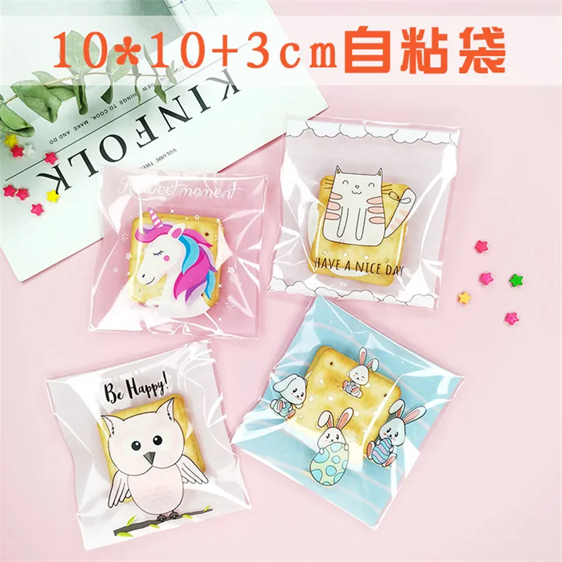 

100 Pcs 10x10+3cm Plastic Cartoon Baking Packaging Biscuit Bag Moon Cake Cookie Snack Food Self-Adhesive Candy Bags