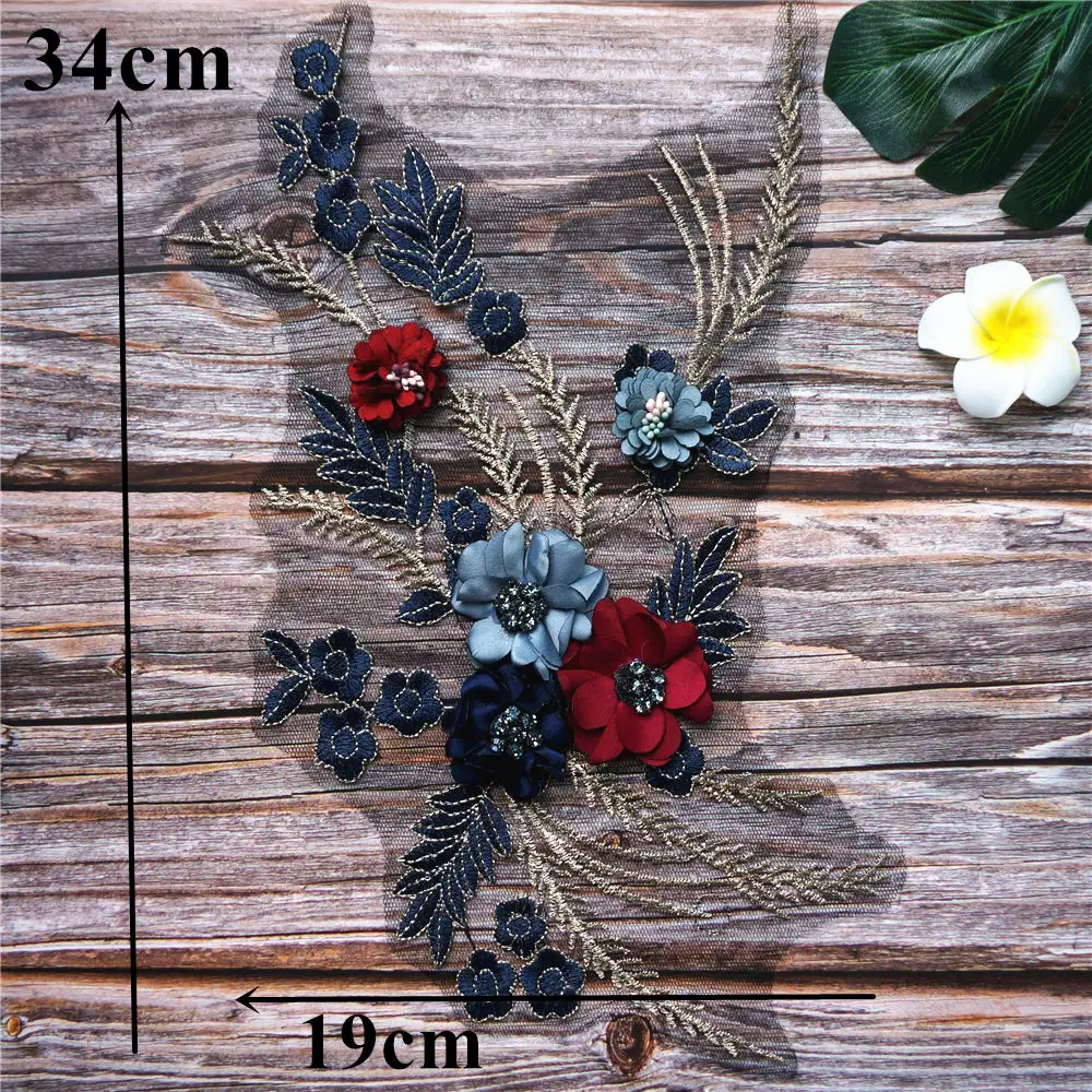 Темно синяя красная 3D Цветочная кружевная ткань со стразами вышитая Свадебная