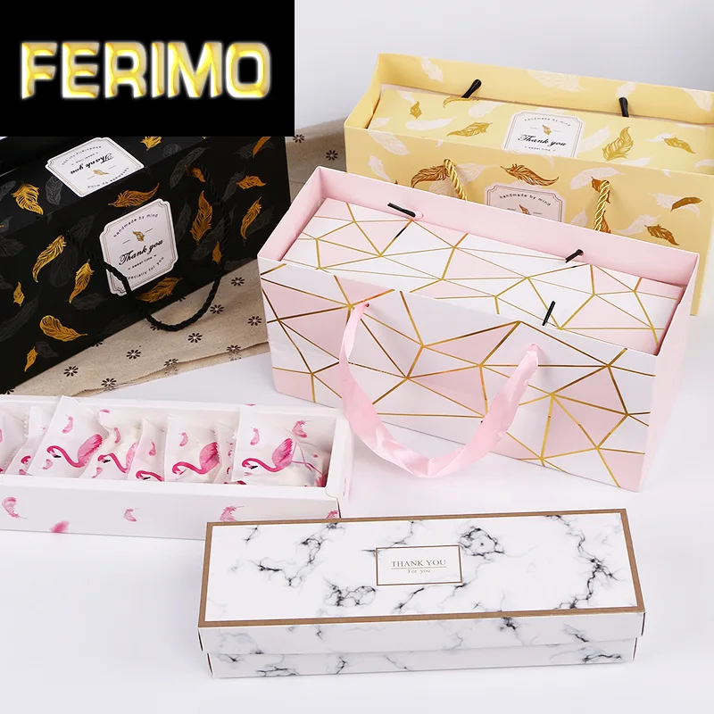 

Creative Flamingo Gift Box Marble Paper Bag Nougat Cookies Tote Bags Wedding Chocolate Cake Packing Paper Boxes Party Supplies