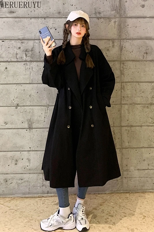

WERUERUYU Spring And Autumn Fashion Women's Mid-length Trench Coat Long Double-breasted British Style Over-the-knee Khaki Coat