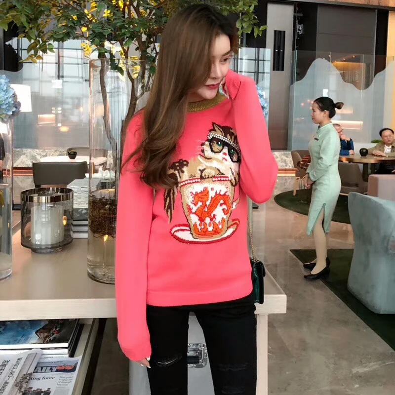2020 autumn Jumper sueter mujer Runway Design Knitted Pullover Fashion Cat Dragon Jacquard Winter Women Pink Sweater B-015 | Женская