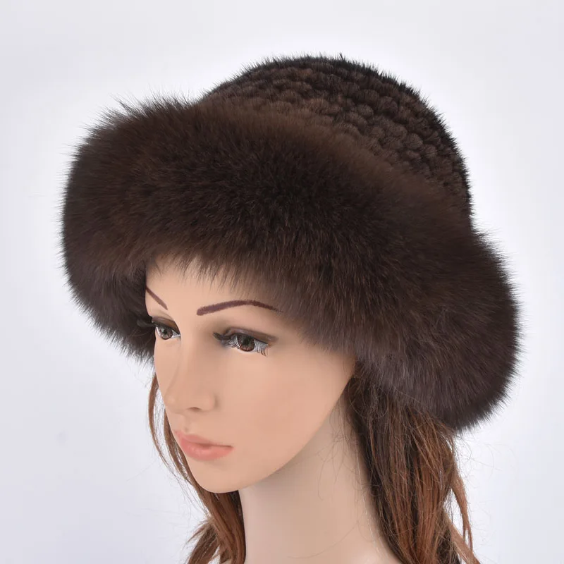 Зимняя вязаная шапка из настоящего норкового меха, роскошная натуральная шапка из пушистой лисы, теплая женская повседневная подлинная шапка.