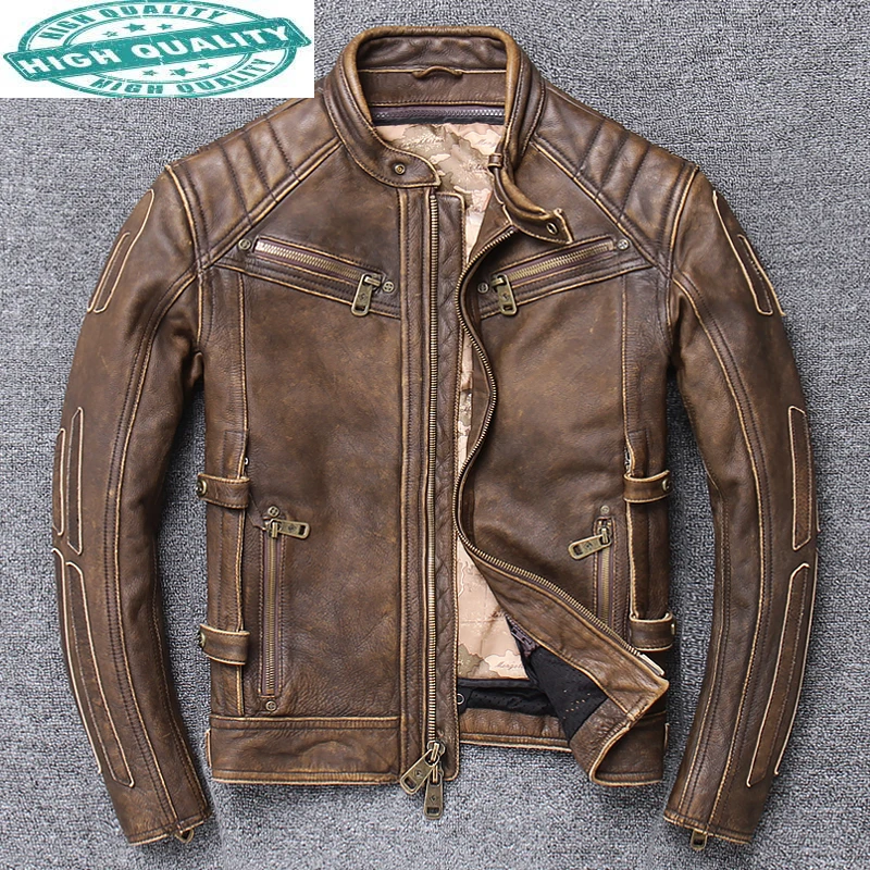 

Genuine Vintage Cow Jacket Men Cowhide Coat Plus Size Biker Motorcycle Leather Jackets and Coats