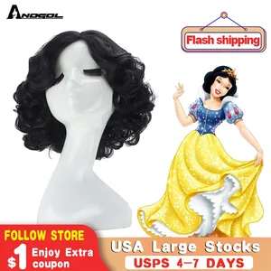 Anogol для снега Короткие вьющиеся черные парики высокотемпературные волосы синтетические волосы для белой принцессы косплей парик для хэллоуивечерние ринки