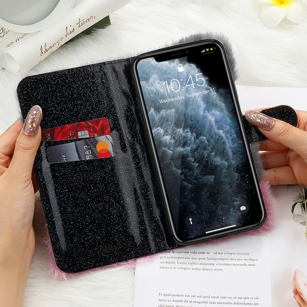 Luxury Flip Fluffy Wallet Bling Bowknot Case for IPhone 11 Pro Max Xr X Xs 6 6S Plus 7 8 5 5S SE 2020 12 Mini Soft Leather Cover | Мобильные