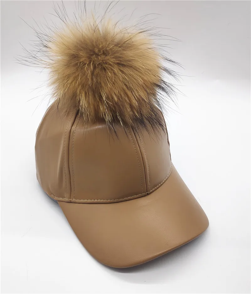 Осень Зима 15 см натуральный мех помпоны бейсболки искусственная кожа Твердые бейсболки шляпы кепки Casquette Gorros - Цвет: 005