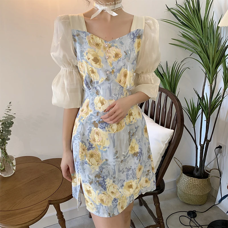 

Летнее платье для женщин, платье с пышной юбкой и без рукава Flroal печатных Ruched вечерние высокие Разделение длиной макси платья на завязках се...