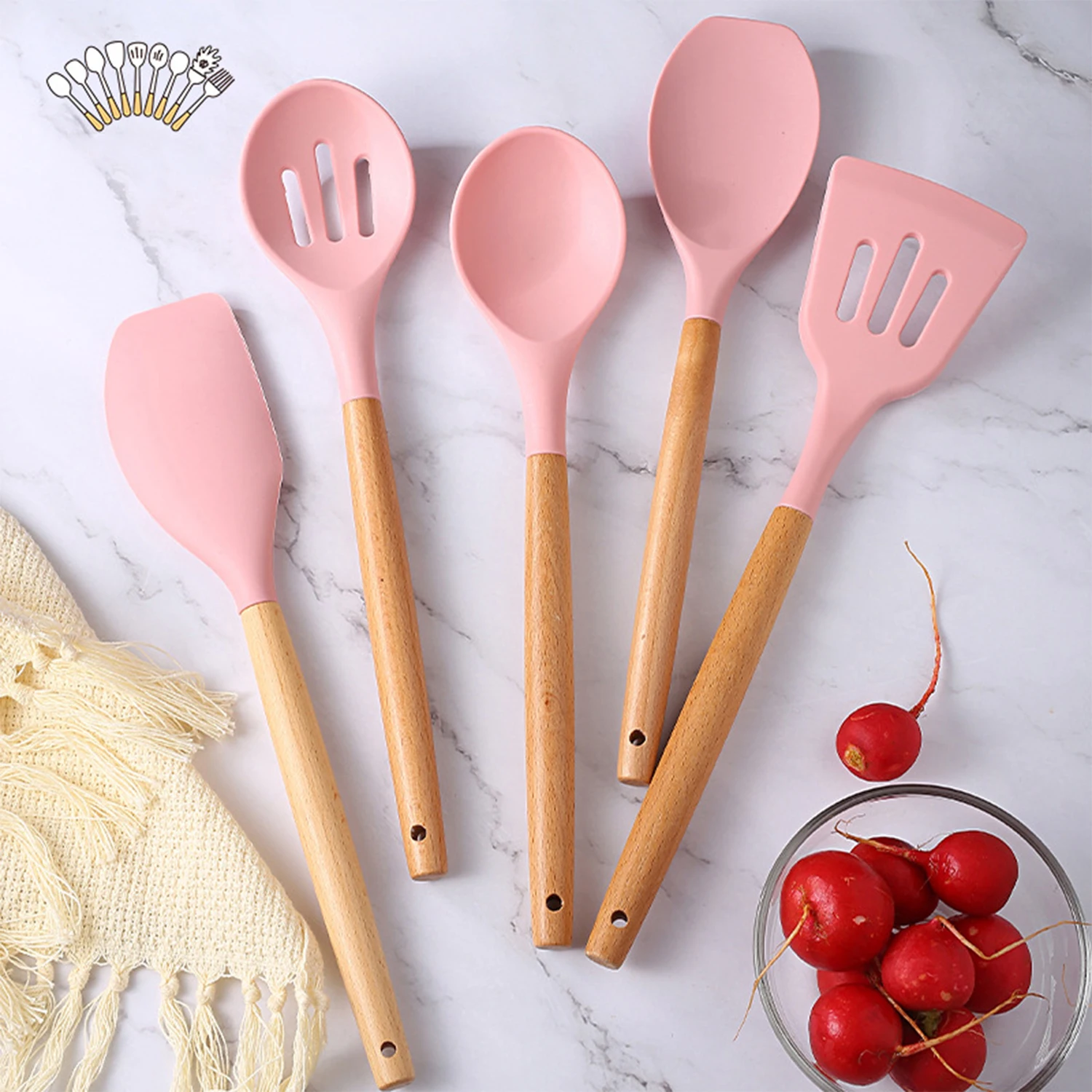 

5 Pcs/Set Non-stick Silicone Kitchen Utensils Wooden Handle Baking Utensils Silicone Spatula Cooking Utensils Silicone Utensils
