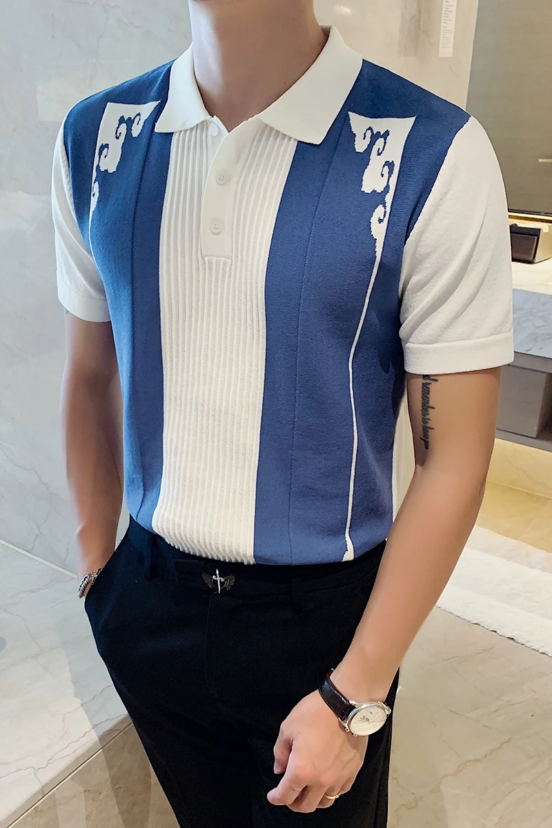 

Men's Short Sleeved Polo Shirt Knitted Lapel Ice Silk Poleras Hombre Contrast Color British Style Business Casual Male Clothes