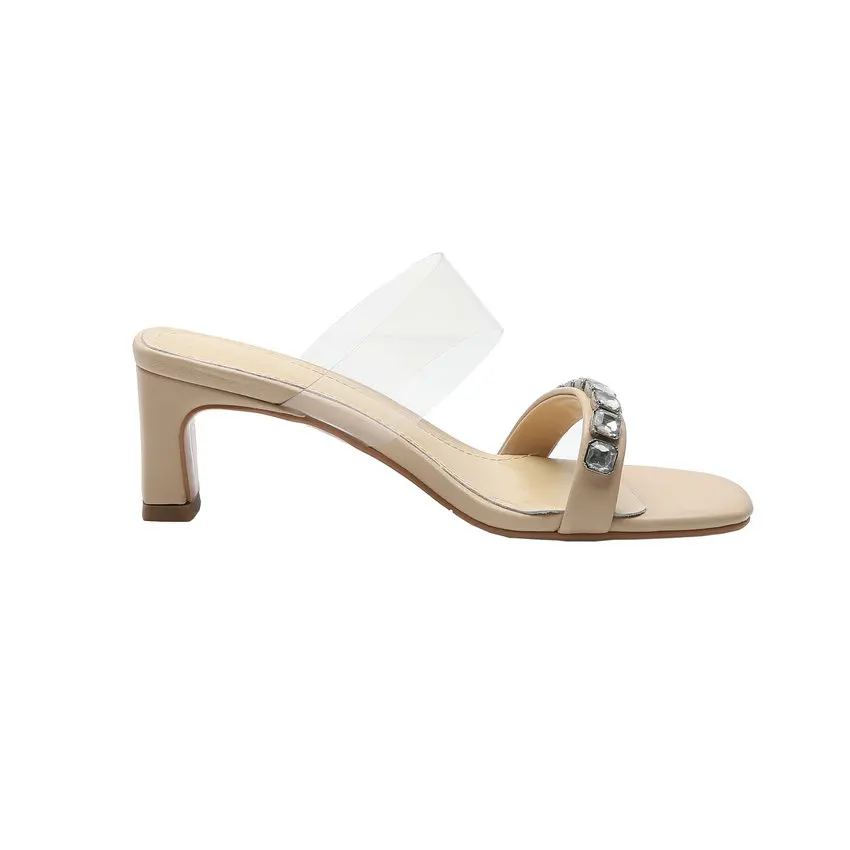 

ESVEVA 2021 Crystal Elegant Women Slides Summer Slip On Female Shoes Square High Heel Fashion Sandals Big Size 34-43
