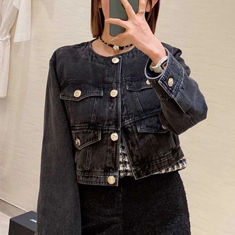 Осенняя дизайнерская джинсовая куртка женские джинсовые куртки с золотыми