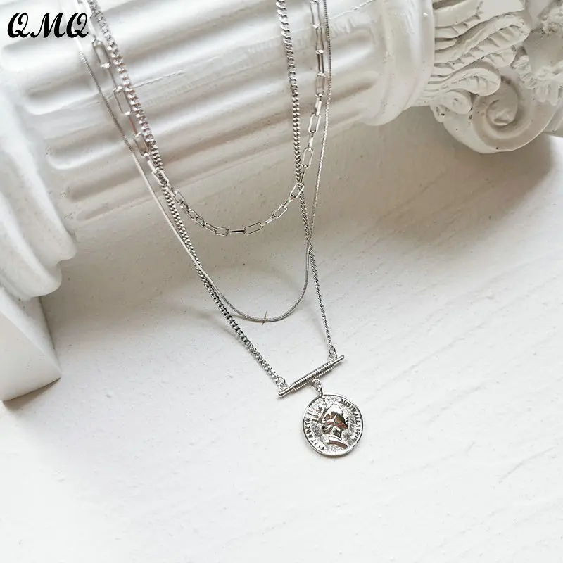 

925 Sterling Silver Multilayer Chain Queen Necklaces for Women Men Quality Double Face Statue Clavicle Chain Necklace Jewelry