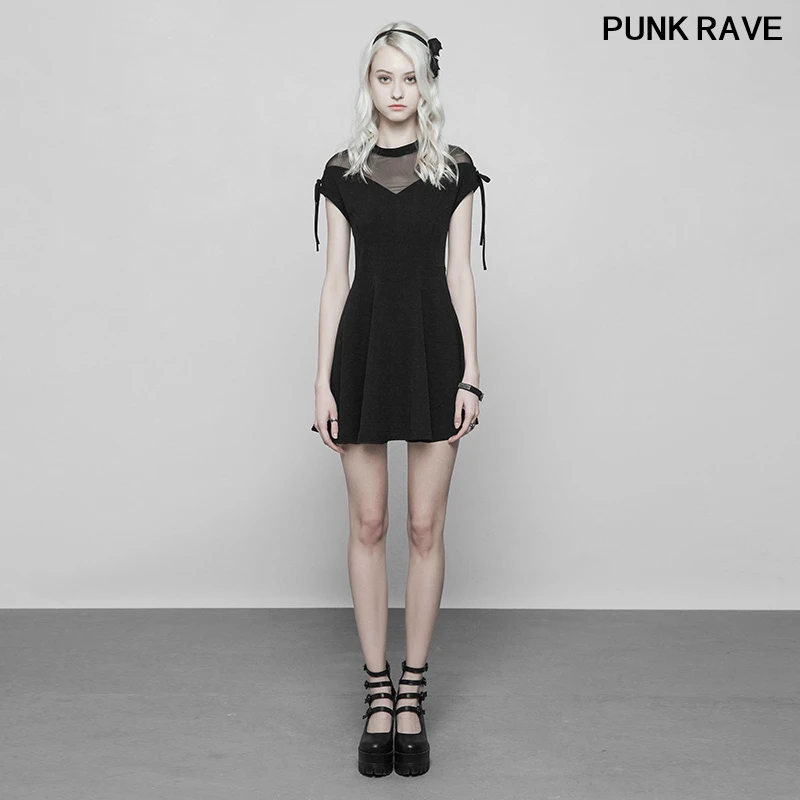 

Gothic Splice Mesh bandage Party Evening Mini Dress Fashion perspective Gauze lace Sexy slim Women Dress PUNK RAVE OPQ-368LQF