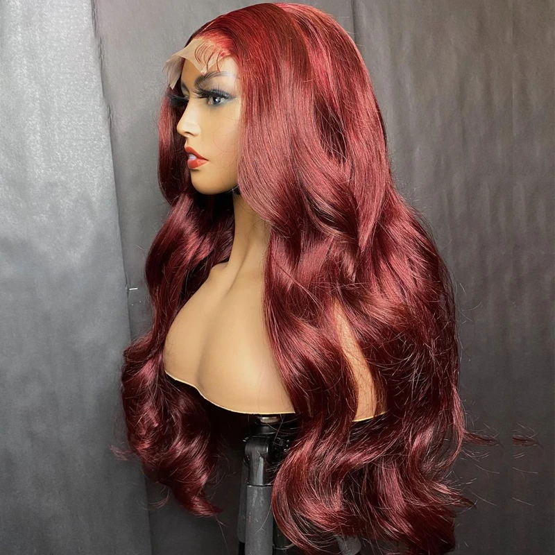 

Burgundy 180% Density Glueless 26 Inch Long Body Wave Synthetic Lace Front Wig For Black Women With Babyhair Natural Hairline