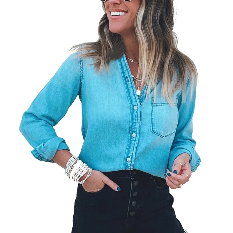 

2021 New High Quality Denim Women Blouse Button Vintage Style Shirt Sexy V-neck Spring Autumn Clothes Drop Shipping