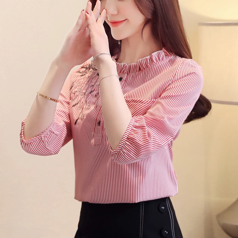 Blusas Mujer женские блузки 2021 вышитые полосатые рубашки 3/4 рукавами блуза из шифона с