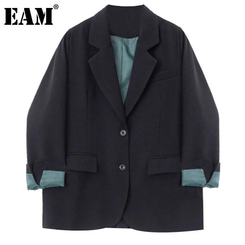 

[EAM] женский черный контрастный Блейзер большого размера, новая свободная куртка с отворотом и длинным рукавом, модная демисезонная 2021 1DE0859