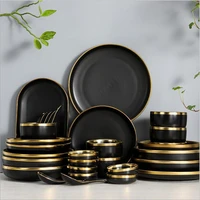 gilt rim black porcelain dinner plates kitchen dishes ceramics tableware food tray rice salad noodles bowl cutlery set