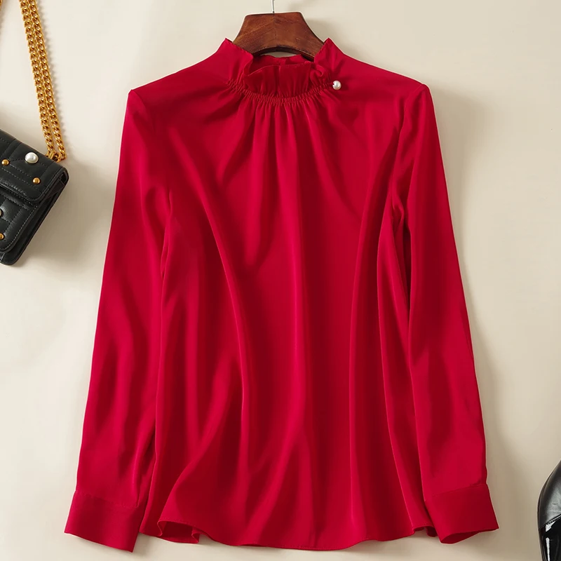 

100% Real Silk Women's Shirt Red White Tops Elegant Fashion Stand Collar Long Sleeve Woman Shirts Blouses Female Solid Blouse