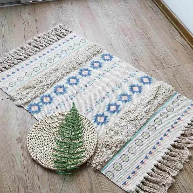 

Cotton Linen Chenille Floor Mat bath Carpet Geometric Washed For Home Living Room Rug sofa Coffee Table Foot Pad Manual Tassels