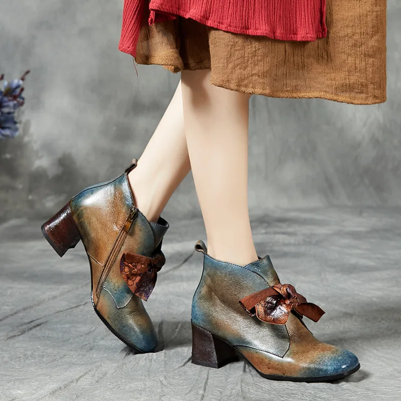 Johnature 2021 New Spring Platform Boots Women Shoes Retro Round Toe Genuine Leather Zip Square Heel Butterfly-knot Ankle | Обувь
