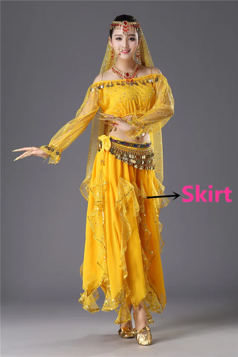 Yellow 1pc Костюмы для танца живота, Египетский сценический танец, индийский танец живота, Женский Болливуд, длинные рукава, Одежда для танцев для девочек - Цвет: Yellow 1pc