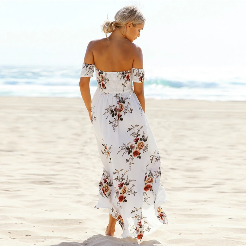 

2020 Women Sexy Floral Dress Summer Split Beach Sundress Off Shoulder Backless Dress Boho Long Dresses Femme Beach Cover ups
