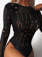 spring summer women casual sexy wear round neck slim fit onesie onepiece homewear clothes hollow out long sleeve skinny bodysuit