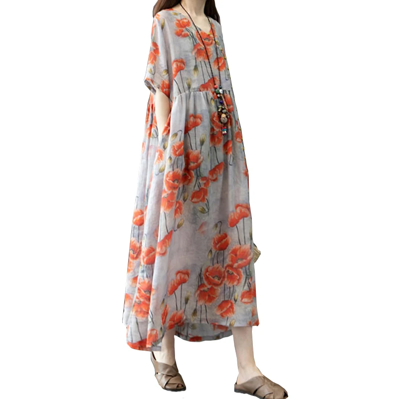 

Женское платье с цветочным принтом, коротким рукавом и карманами