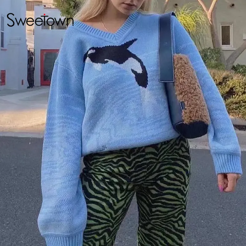 

Sweetown 2021 Autumn Winter Long Sleeve Jacquard Sweaters Korean Fashion Blue Pullovers V Neck Loose Jumpers Femlae Knitted Tops