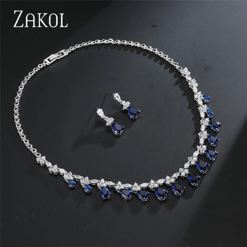 Blue ZAKOL Винтаж Высокое качество кубического циркония Висячие Серьги Ожерелье Набор Свадебные украшения для женщин свадебный ужин FSSP093 - Окраска металла: Blue